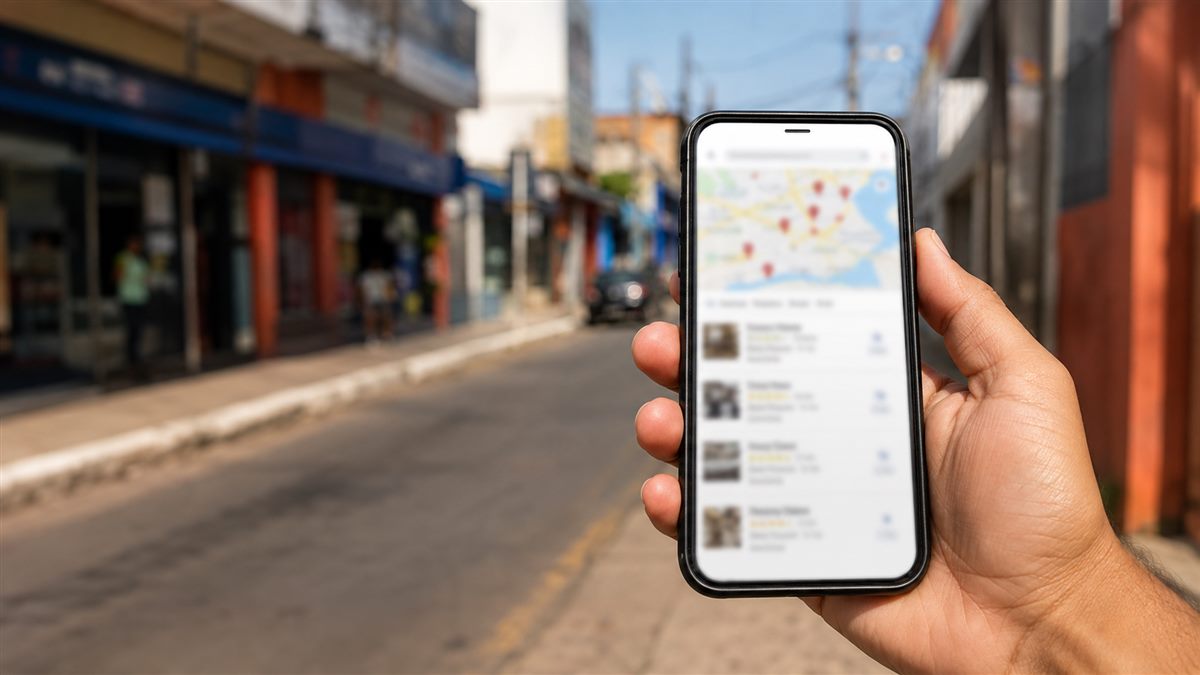 SEO local em Balsas: tela de celular mostrando resultado de busca do Google com mapa e negócios da região.